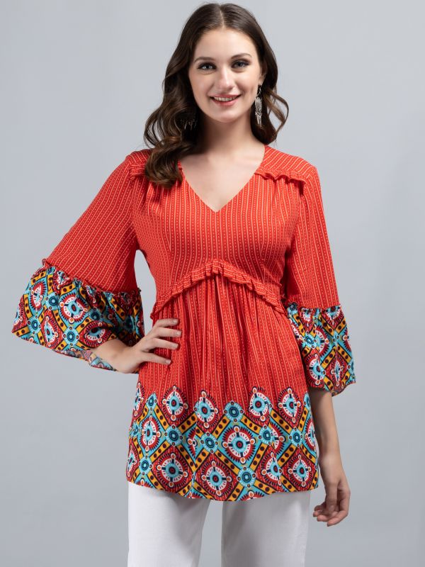 Product Red & Multi Border Printed Peplum Style Viscose Rayon Tunic Top Image