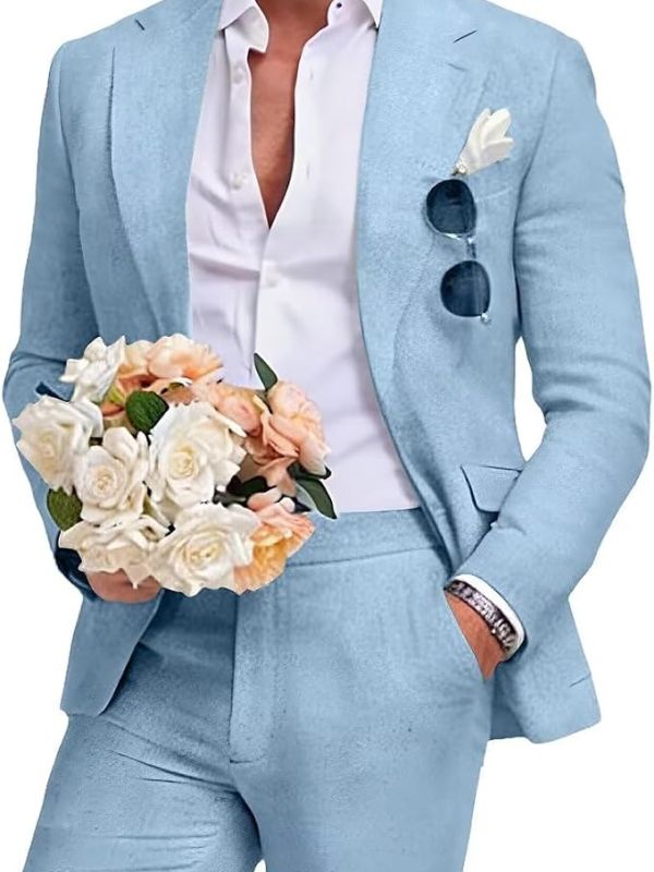 Product Men's Linen Suit 2 Piece Slim Fit Summer Beach Wedding Prom Party Image