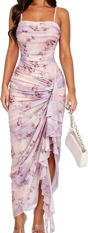 Product HUX Women's Floral Mesh Ruffle Hem Bodycon Midi Dress Image