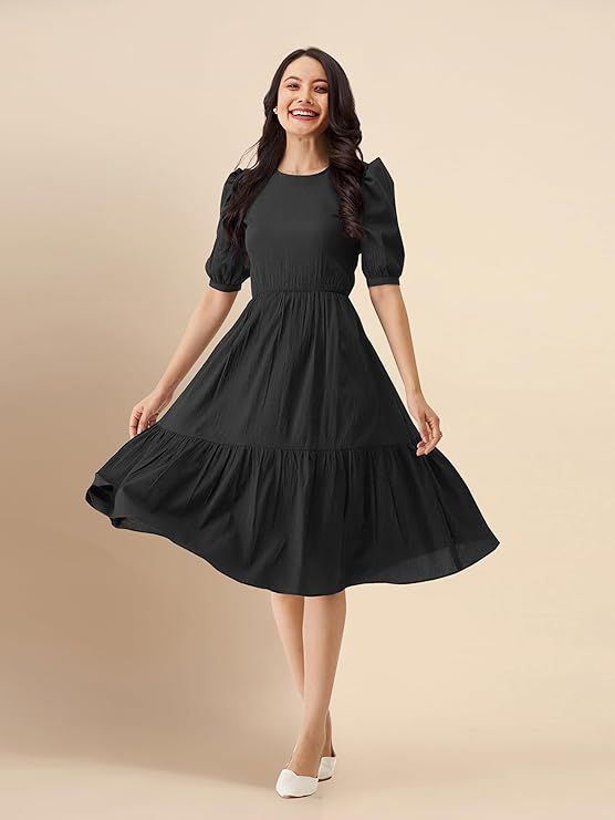 Product Dress for Women Cotton Blend Round Neck Half Puff Sleeve Flared Pleated Midi Western Dress Image