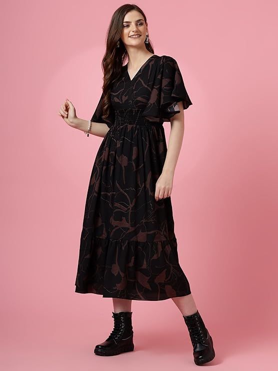 Product Women's Maxi Geometric Print Crepe Flared Sleeve Casual Dress Image