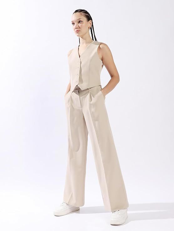 Product Women Solid Regular Length Tailored Fit V Neck Sleeveless Waistcoat and Wide Leg Trouser Co-ord Set Image